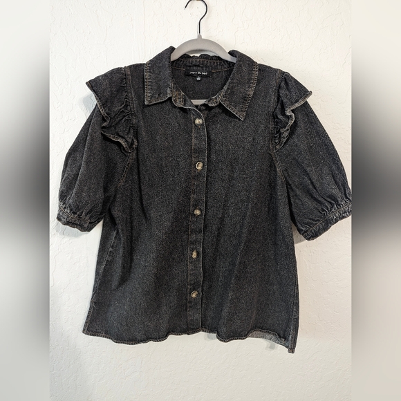 Denim puffed sleeve button down - Picture 1 of 7